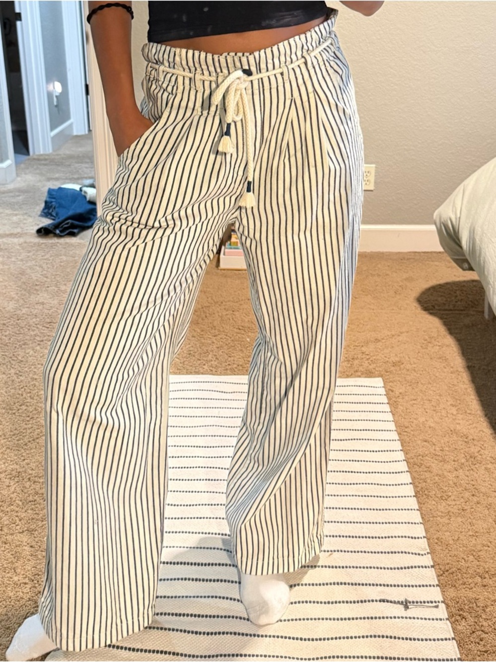 Free People Striped Wide-Leg Drawstring Pants